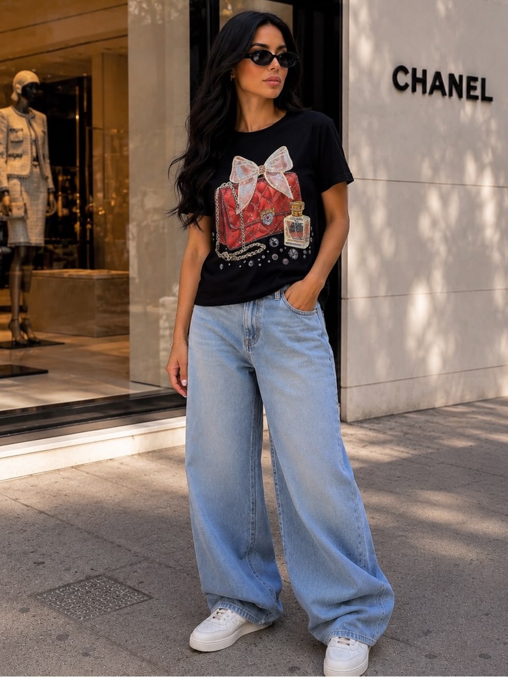 ShopEvelynne Black Tee with Red Quilted Purse and Bow Graphic